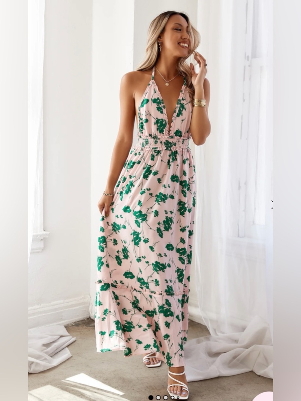 Hello Molly Pink Floral Maxi dress with Green Print, pockets size L